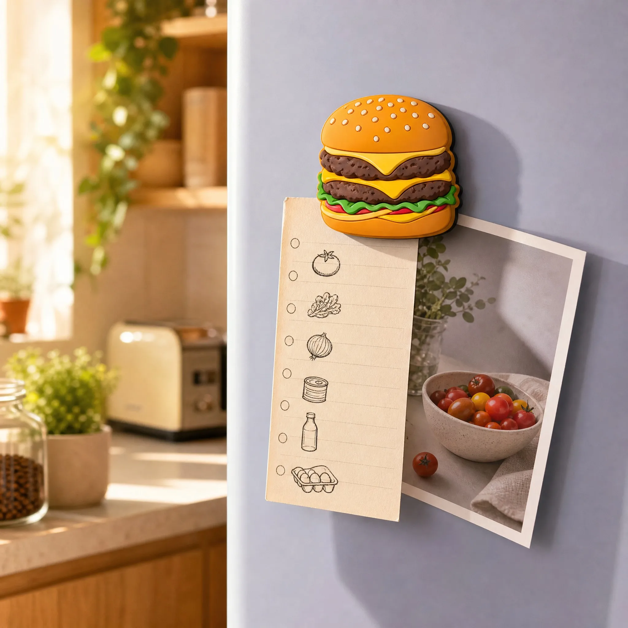 Double Cheeseburger Magnet Holding Grocery Checklist and Tomato Photo in Cozy Kitchen