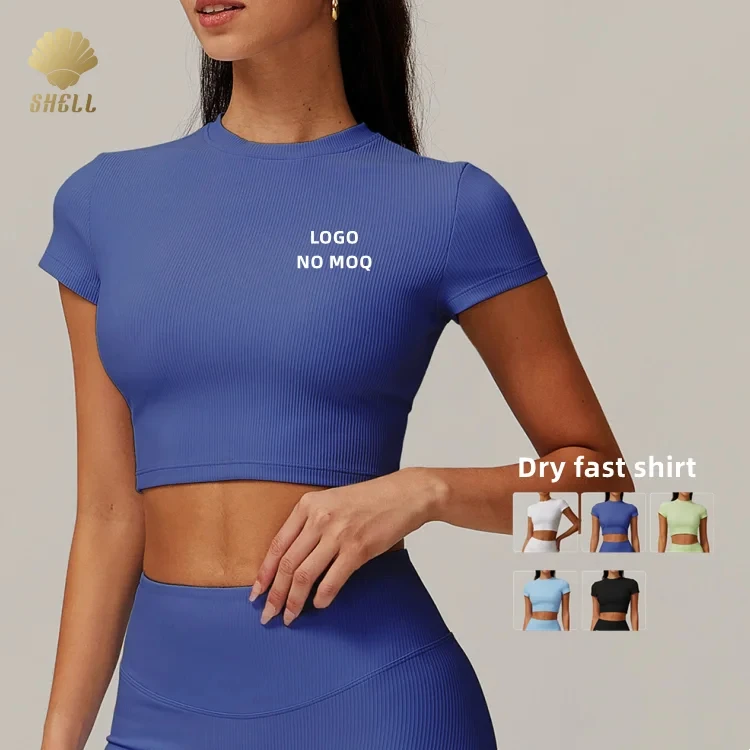 CNSHELL New Rib Cropped Body Fit Mini Short Sleeve Ribbed Four Way Stretch Elegant Sports Shirts for Women