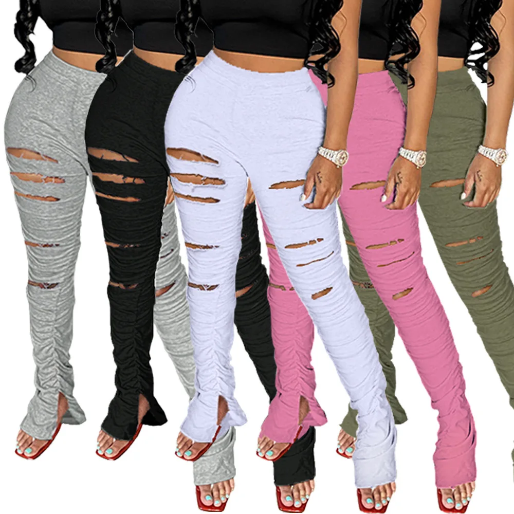 

GH0613 HOT sale fashion women ripped stacked sweat pants sexy broken holes pleated joggers trousers with slit S~XXL