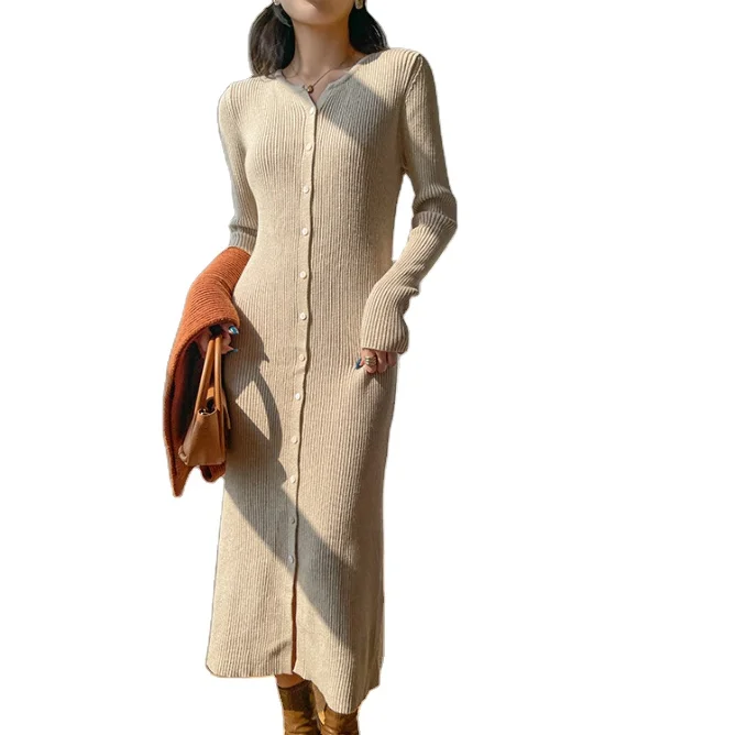 

Wool round neck fake button dress for women in winter