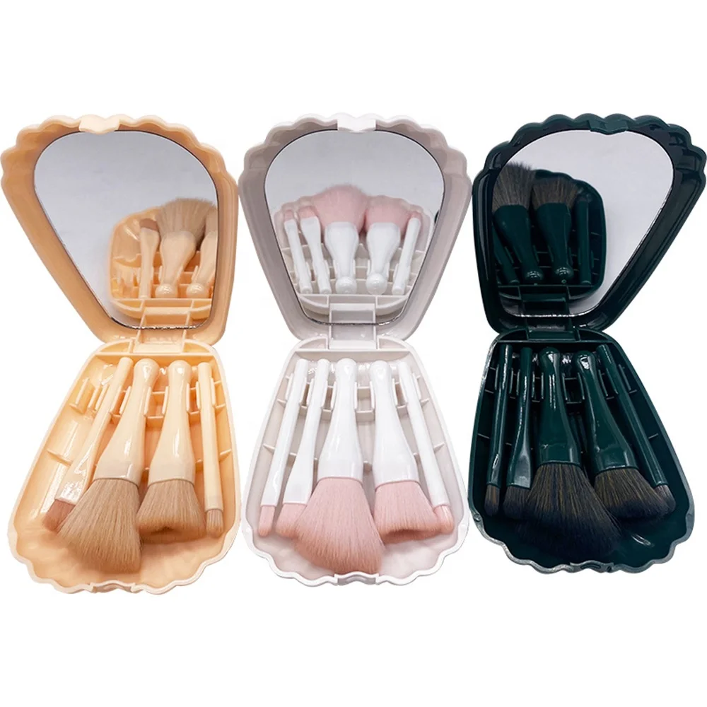 

New design Portable 5pcs Shell Shape Synthetic Mini Travel Wholesale Makeup Brushes With Mirror Case