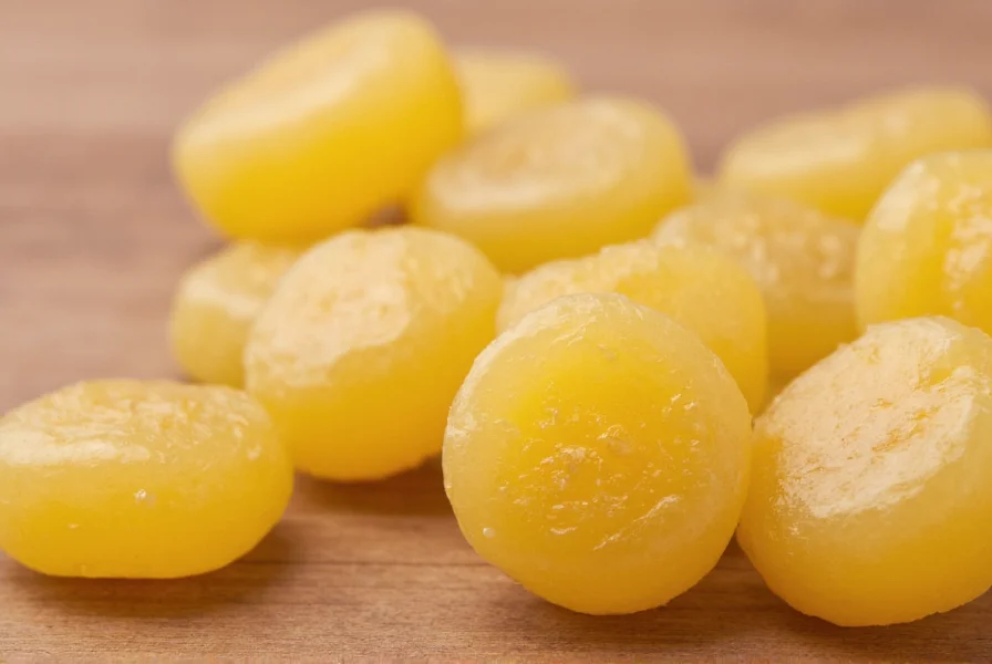 Close-up photograph of traditional anise candy pieces showing their glossy surface and pale yellow color on wooden background