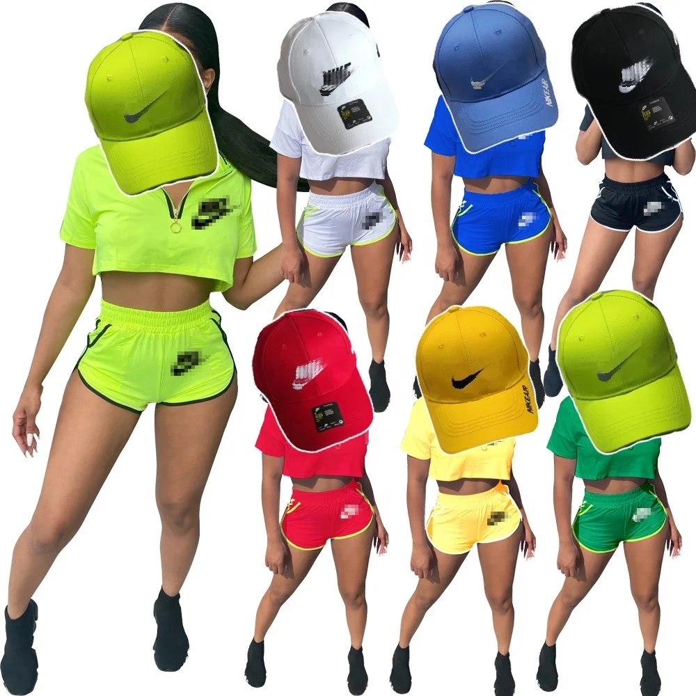 

Famous brand designer sports candy color booty workout sweat snack biker shorts 2 piece Short hats Set plus size Women clothing, 8 color