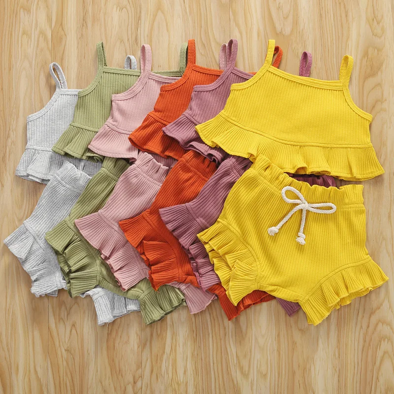 

Adorable Baby Girls Summer Clothing Toddler Kids Pure Cotton Rib-Knit Camisole Tops Shorts 2 piece Outfits, As picture show