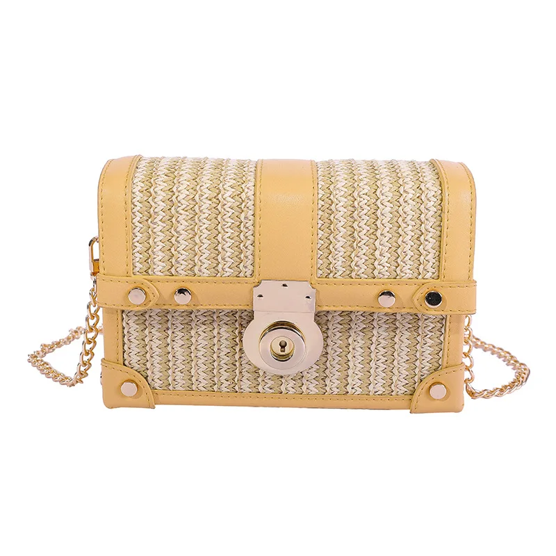 

New summer simple chain PP straw single shoulder box women bag vintage box lock small square bag