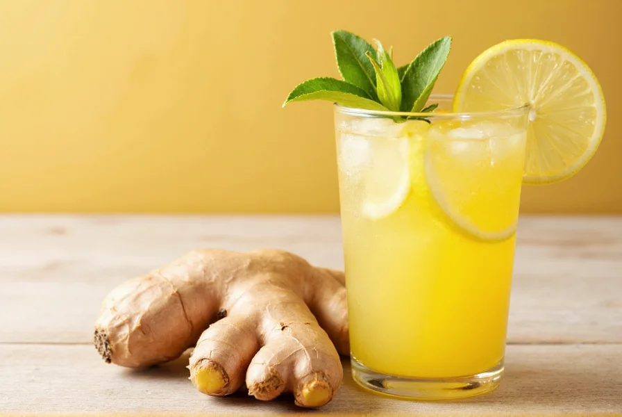 Glass of fresh ginger juice with lemon slices and ginger root