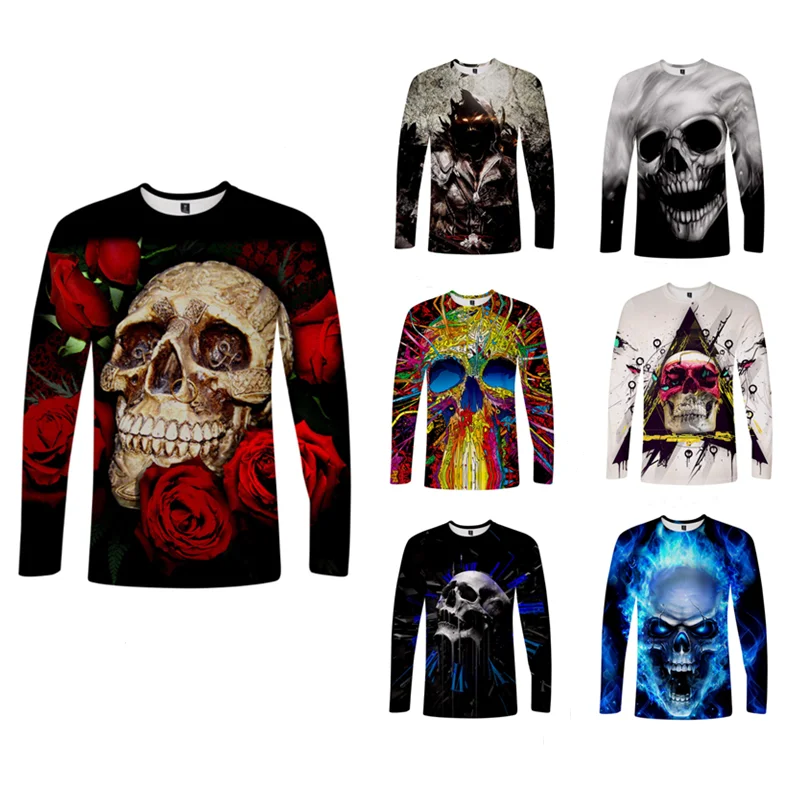 

2021 Cross-border Amazon New Skull Head Casual Loose Round Neck Men's 3D Long Sleeve T-shirt, Black