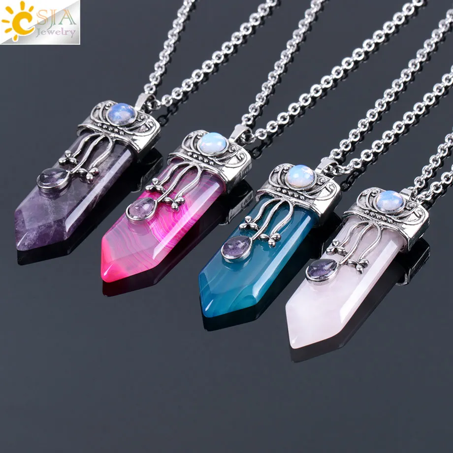 

CSJA natural stone sword shaped pendant chain necklace healing crystal point quartz tiger eye big pendant jewelry F065