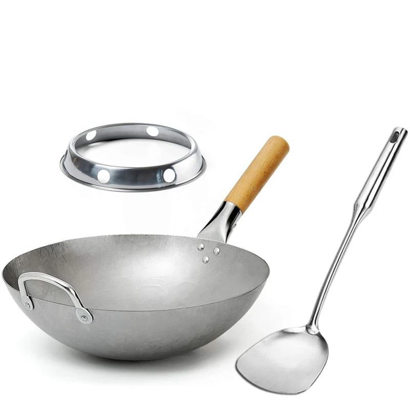 

Chinese Carbon Steel Wok set with Wok Spatula, Spoon, Grill, and Lid,Nonstick Wok