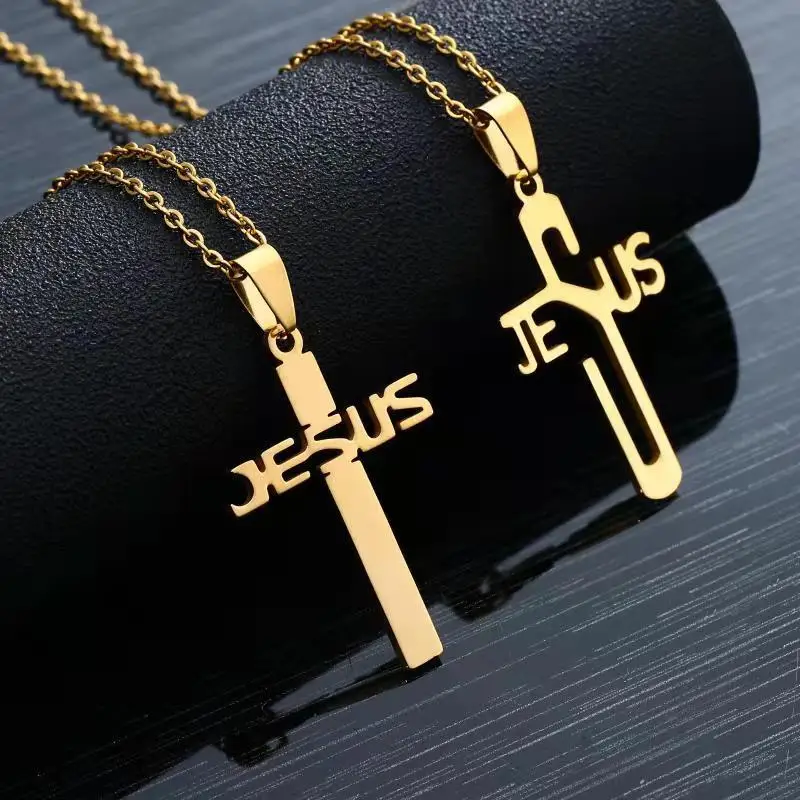 

Jesus Cross Stainless Steel Necklace Christian Silver Gold Plated Couple Hollow Titanium Sports Pendant Necklace for Men Women