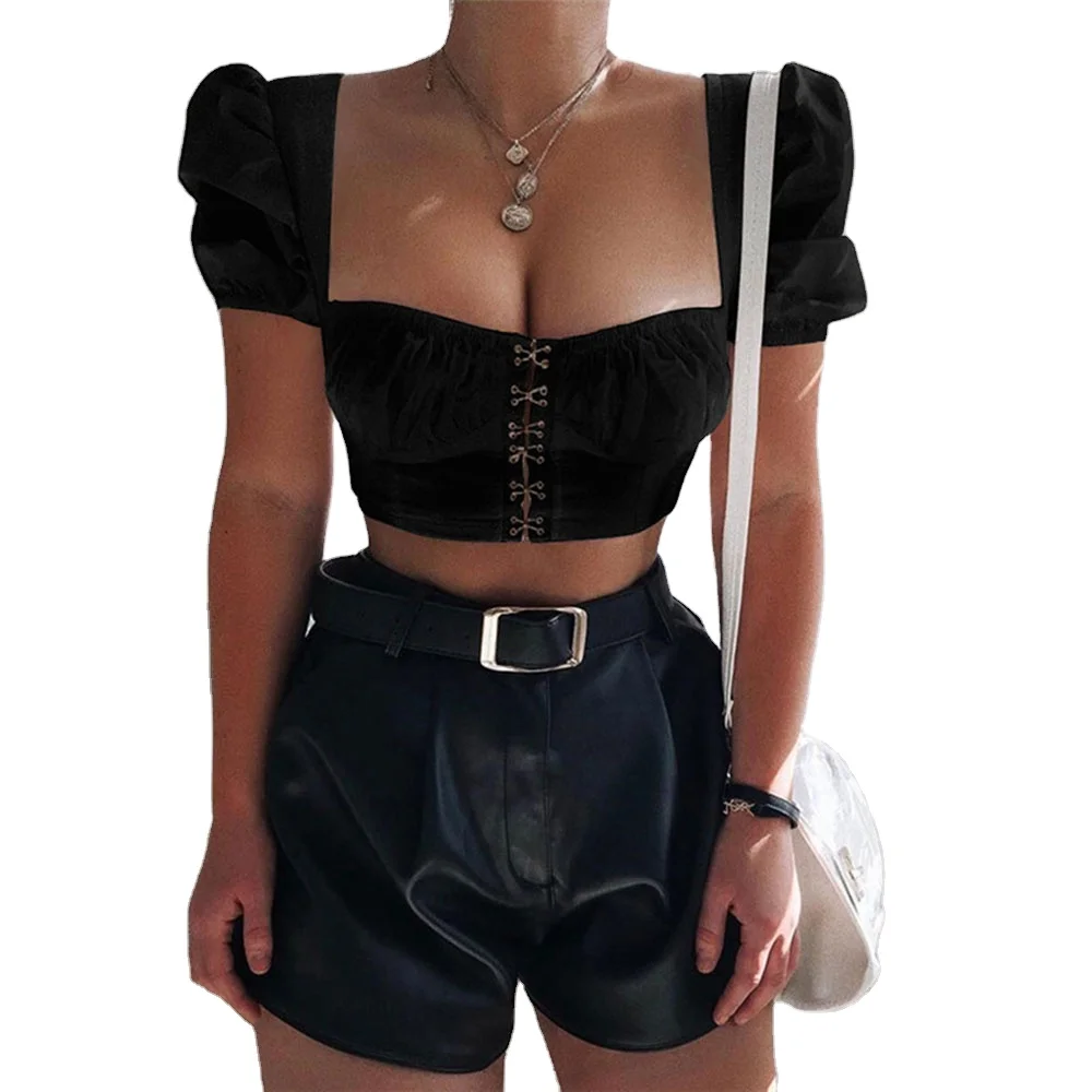 

Women Bottoming Tube Top Women Bubble Sleeve Square Collar Crop Top Cropped Short T Shirt Top, White, black, fluorescent green,fluorescent powder