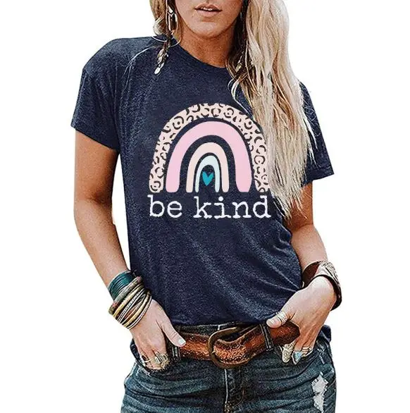 

Ladies T-shirt New Product Printing Be Kind Letter Round Neck Short Sleeve T-shirt, Picture showed