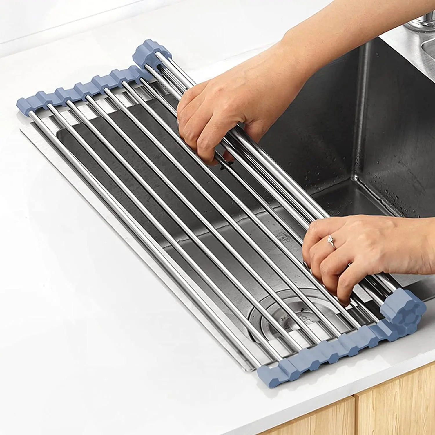 

Gray Foldable Dish Drainer Kitchen Stainless Steel Over the Sink Roll Up Dish Drying Rack, Gray(standard),white, black, green, yellow available