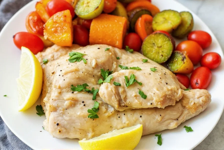 Plated slow cooker lemon pepper chicken with lemon wedges and fresh parsley garnish served with roasted vegetables