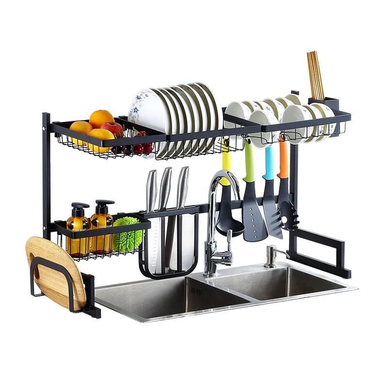 

Kitchen Storage Utensil 2 Tier Iron Drainer Wall Over Sink Dish Drying Rack