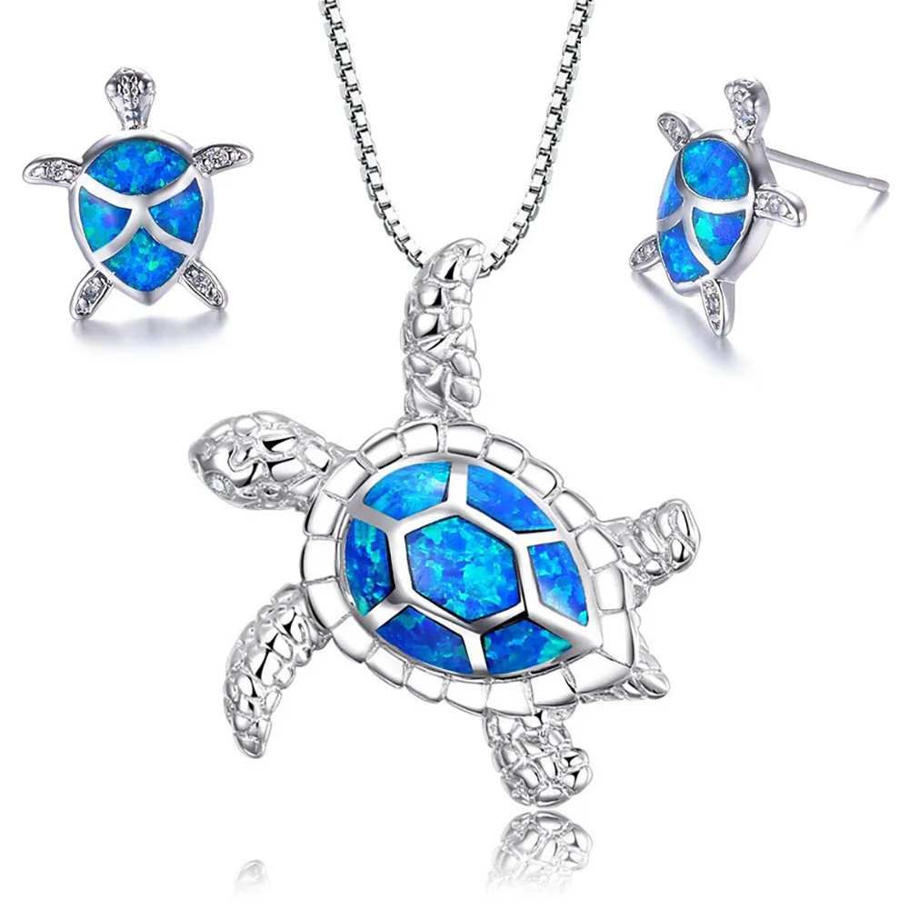 

2020 New Arrival Custom Created Blue Opal Necklace Animal Jewelry Cute Sea Turtle Pendant Necklace Earrings Sets