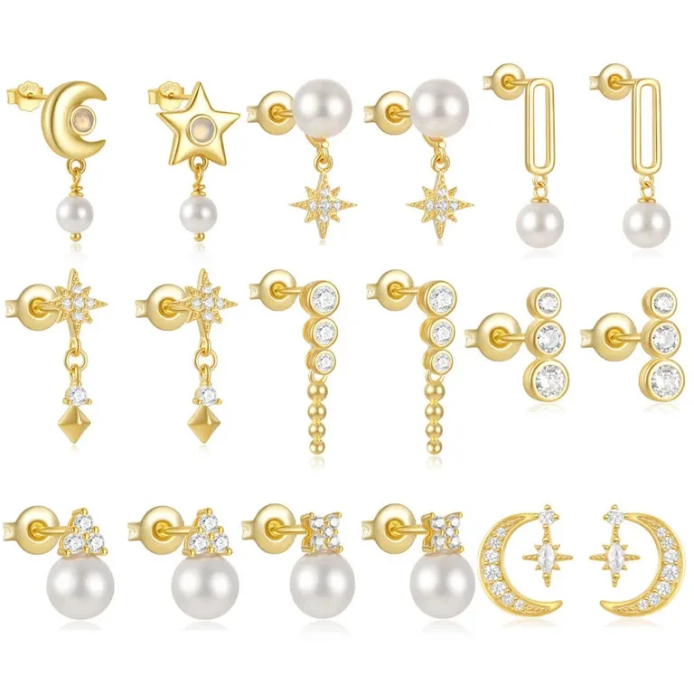 Wholesale Fashion Jewelry 925 Sterling Silver Moon Star Pendant Round Pearl Zircon Gold Plated Stud Earrings for Women