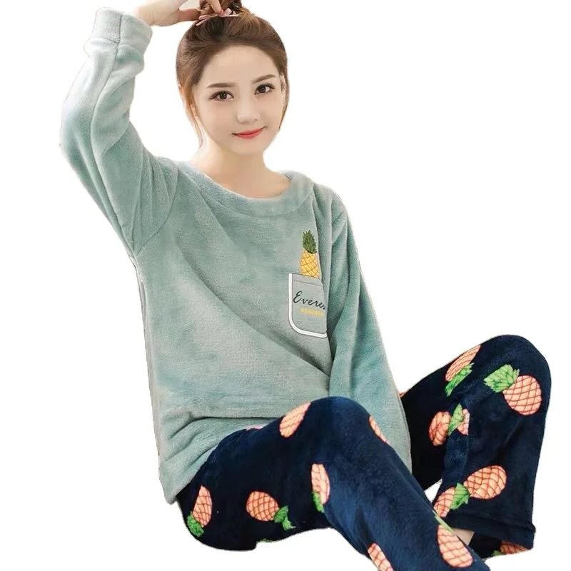 

Women winter flannel pajamas lady sleepwear long sleeves sets flannel girl pajamas sets hot sale plus size factory price
