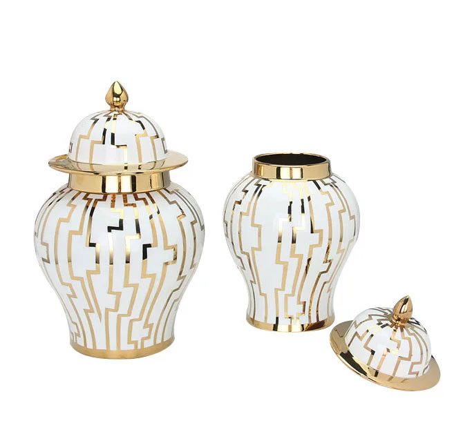 

Wholesale Home Decoration Fancy Design Ceramic Gold Stripe Ginger Jar