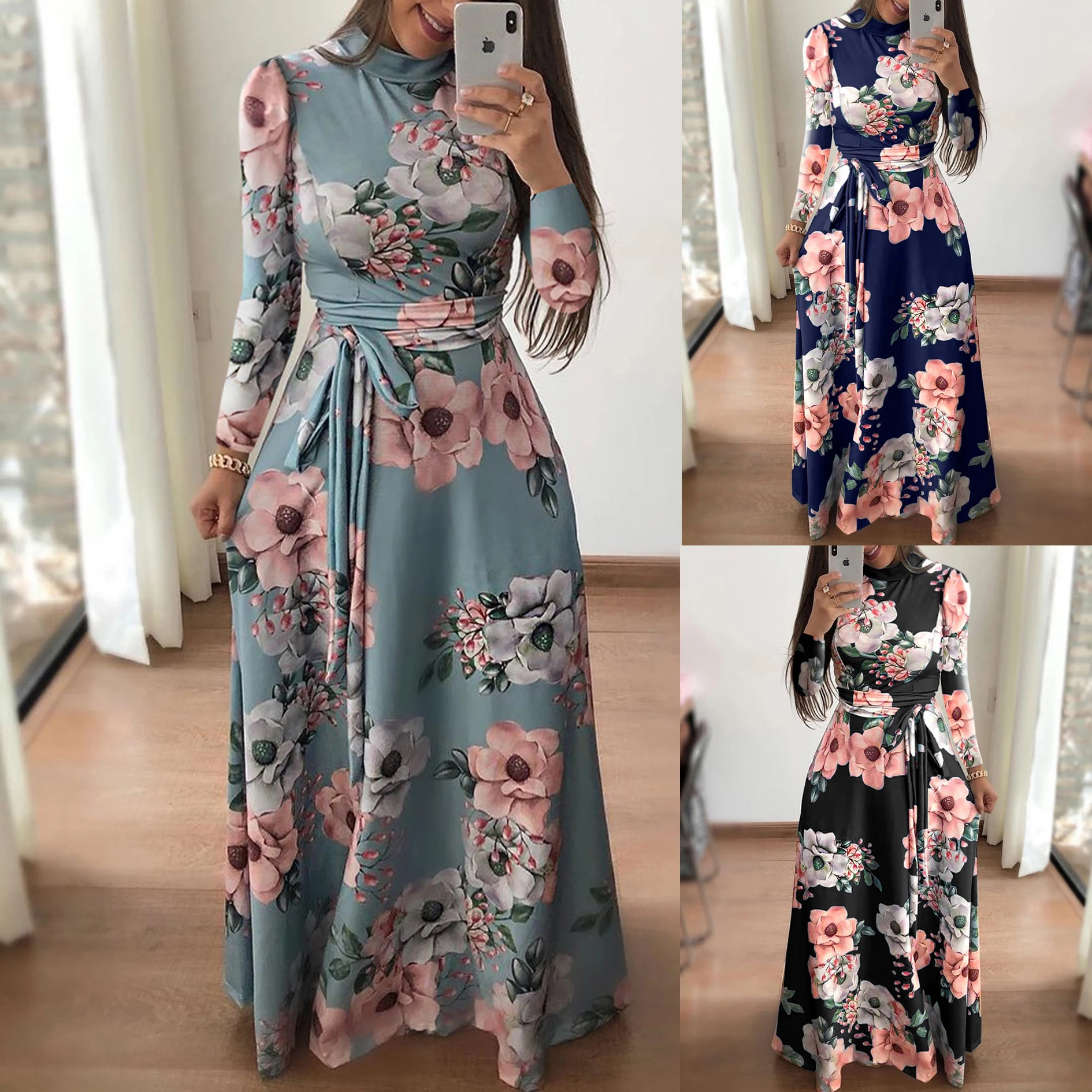 

2021 New style O-neck long sleeve polyester fabric printing floral casual women sping summer dress Kleid vestido de dama