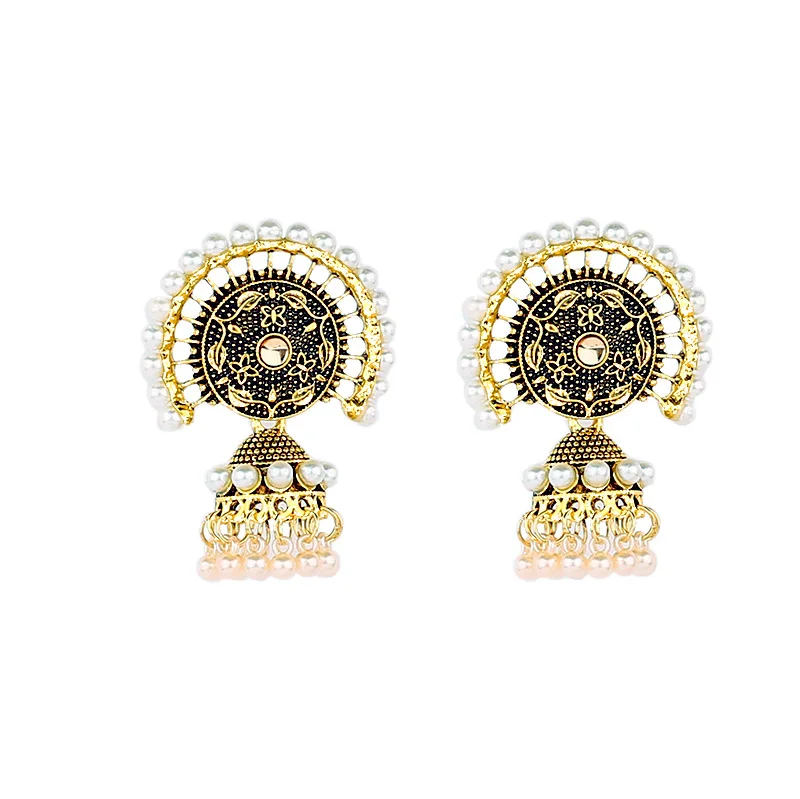 

Hot Selling Indian Bells Designer Pearl Women Earrings Jewelry Luxury Alloy Jhumka Earrings Wholesale