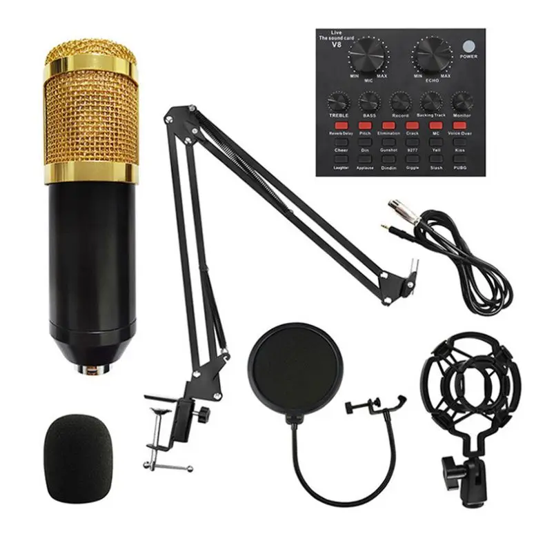 V8 Sound Card Set Webcast Live Studio Recording Singing Broadcasting BM-800 MIC Studio Microphone Condenser, Black gold