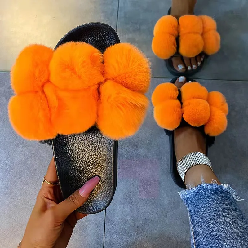 

Wholesale hot fox artificial fur plush ball slide plush ball sandals lady slippers, Customized color