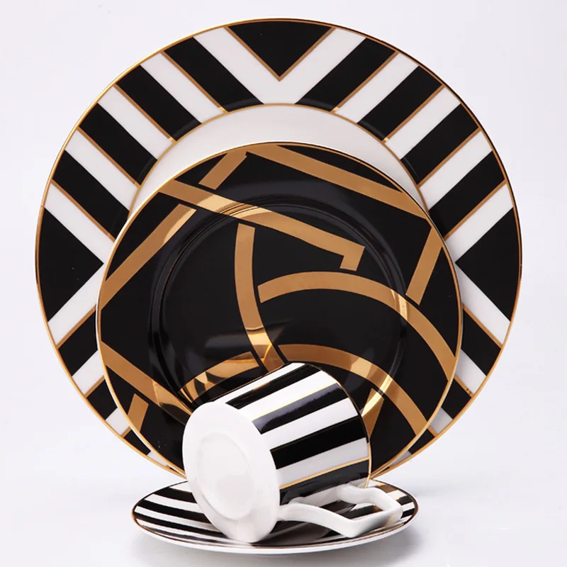 

Gold Phnom Penh Black Texture Dinner Set Bone China Coffee Cup Dinnerware Luxury Plate Saucer, As picture