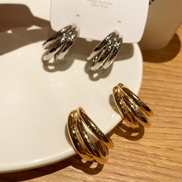 

Fashion European Gold Silver Plating Triple Layers Circle Earring 925 Silver Post Multi Layer Hoop Earrings For Party