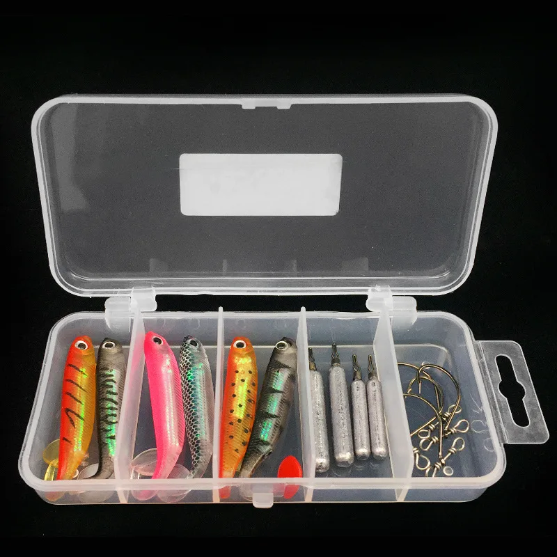 

T-tail rainbow fish 15-piece built-in aluminum foil tube hook and lead sinker set