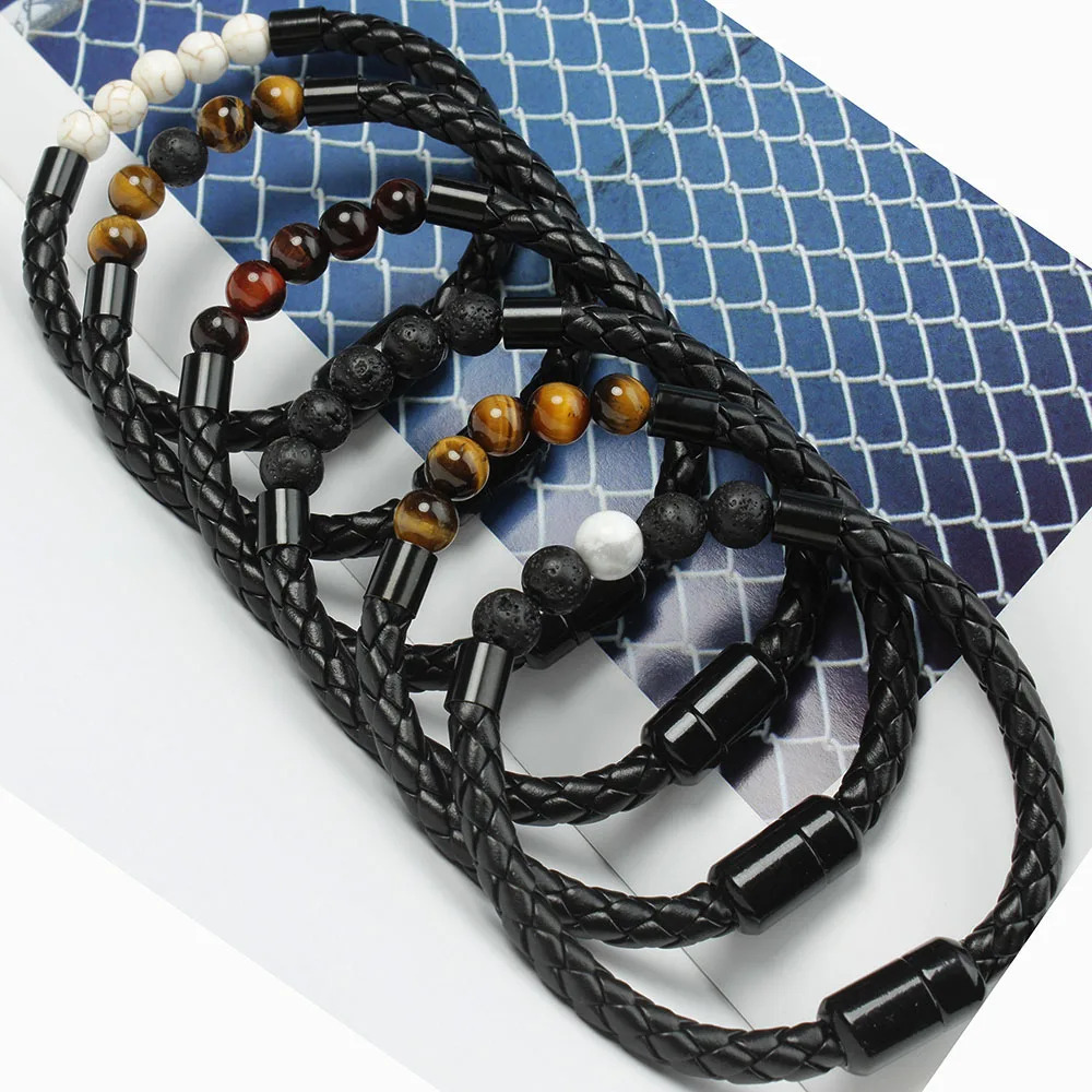 

7 Chakra Lava Project Rock Bracelet Healing Balancing Genuine Leather Bracelets Magnetic Clasp Tiger Eye Agate Bracelets