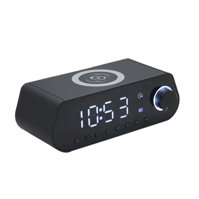 

MX23 5W/10W wireless charging speaker phone charging BT FM Radio TF AUX USB hand free alarm clock with Dimming Powerbank