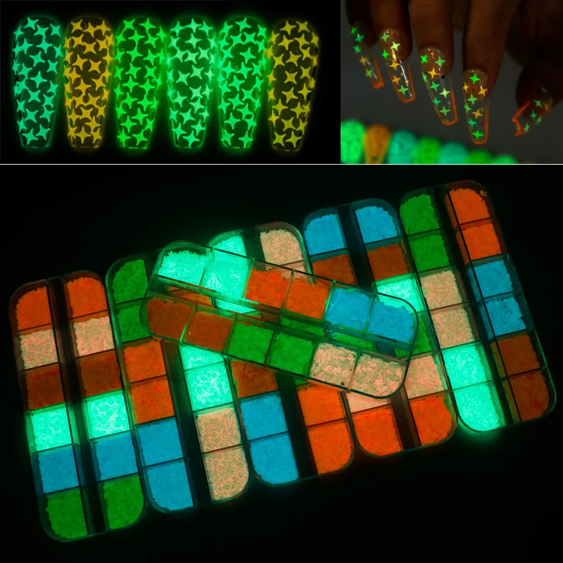 

6 Shapes Glow in Dark Fluorescent Luminous 3D Nail Art Sequins Holographic Nail Glitter Flake Decoration, Colorful