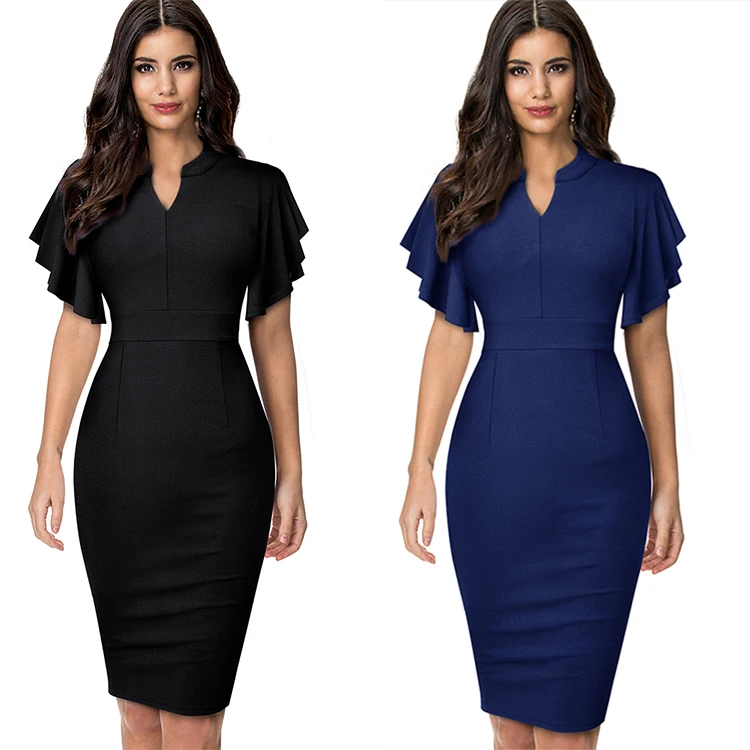 

Women's V-neck Ruffle Sleeve Short Sleeve Slim Wrap Butt Thin Pencil Career Dress WCAR1008