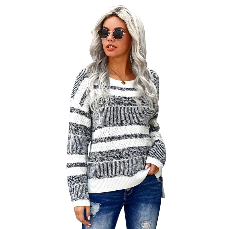 

Plus Size Sweaters Fall And Winter New Style Pullover Knit Women Striped Sweater, Accept customized custom knit sweater