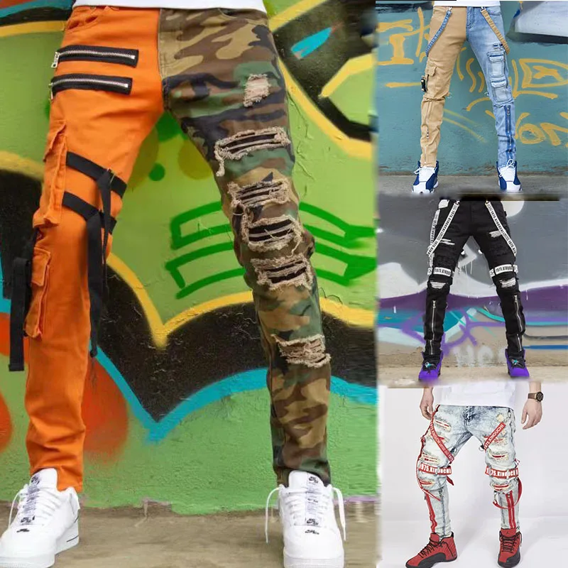 

QC - 067 Hot selling fashion men jeans trouser straight camouflage patchwork with ribbons ripped cargo mens skinny jeans, As picture or customized make