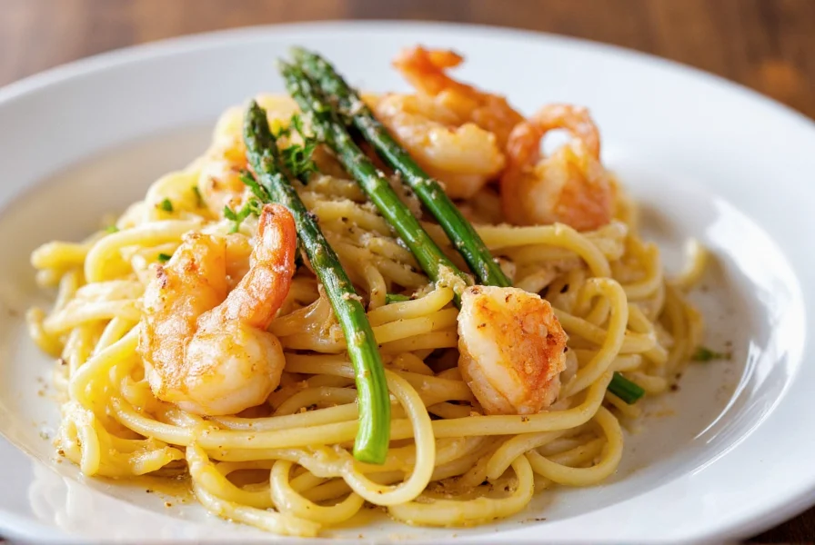 Lemon pepper pasta with grilled shrimp and asparagus on white ceramic plate