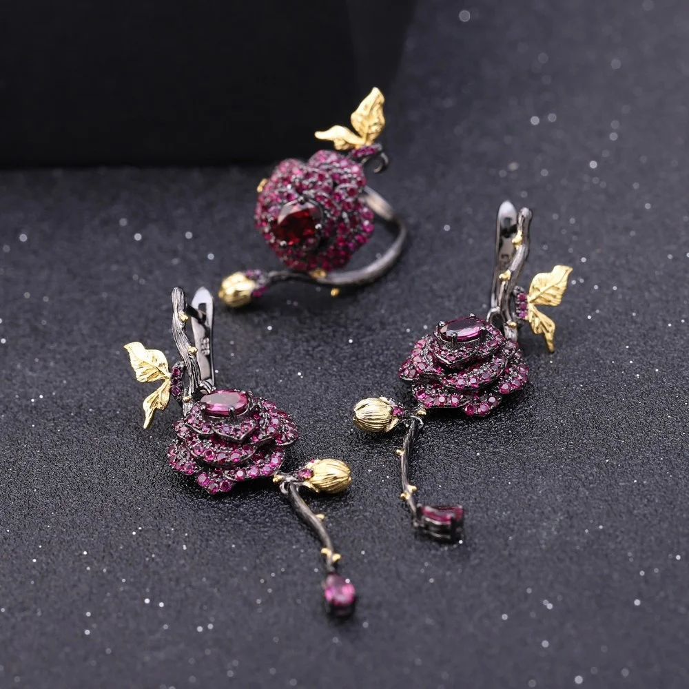 

Abiding Jewelry Sets Gold Plated Flower Rose Butterfly Natural Rhodolite Garnet 925 Sterling Silver Ring Earring Women Jewelry