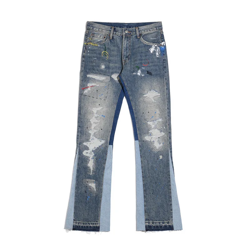 

Dropshiping for DZ005 men destroyed flare painted jeans embroidery stacked jeans men