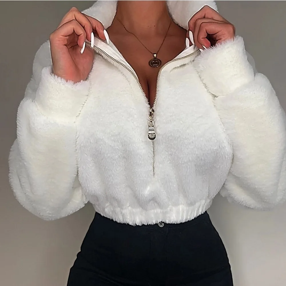 

Autumn and winter long sleeves Hoodie soft warm stand collar zipper sweater cashmere women crop top shirt