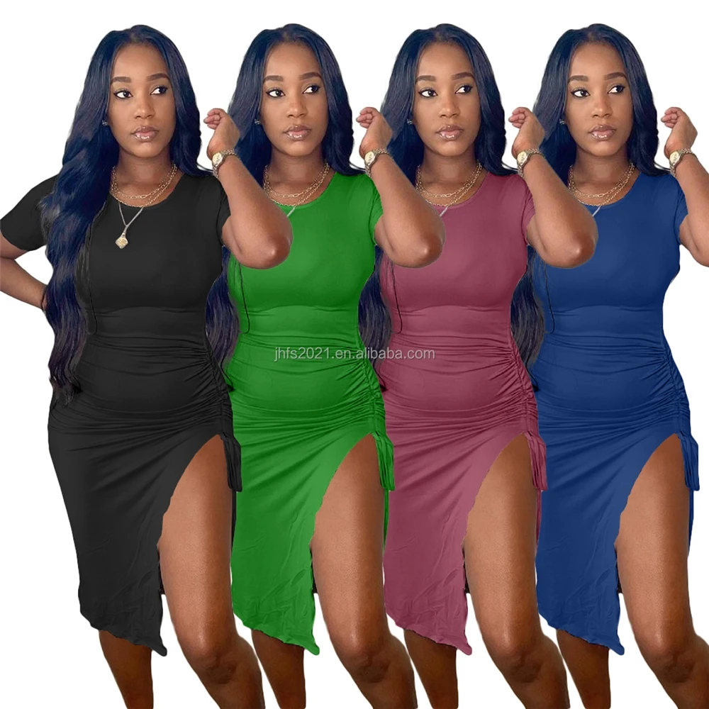 

J&H fashion new chic trendy short sleeve casual clothing sexy bodycon dress vestidos fitted drawstring with slit nightclub wear, 4 colors as picture