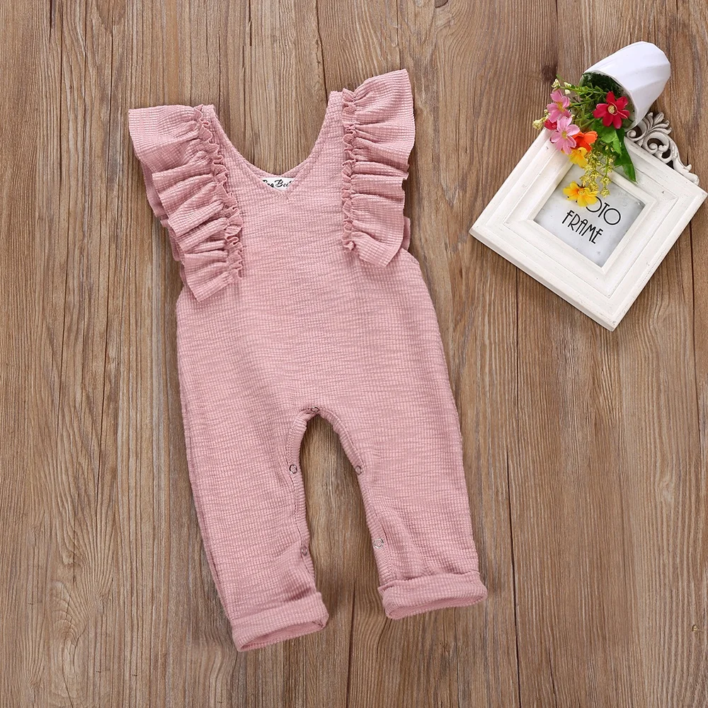 

Baby Girl V neck Fly Sleeve Jumpsuit Newborn Pink Sleeveless Ribbed Romper Infant Baby Autumn Clothes