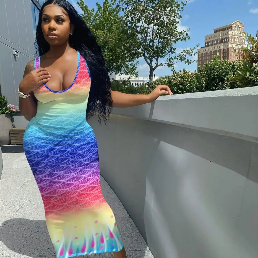 

X02742S 2021 new fishscale print sleeveless and floortight dress nightclub elegant sexy ladies summer wear, Orange/purple/green/blue