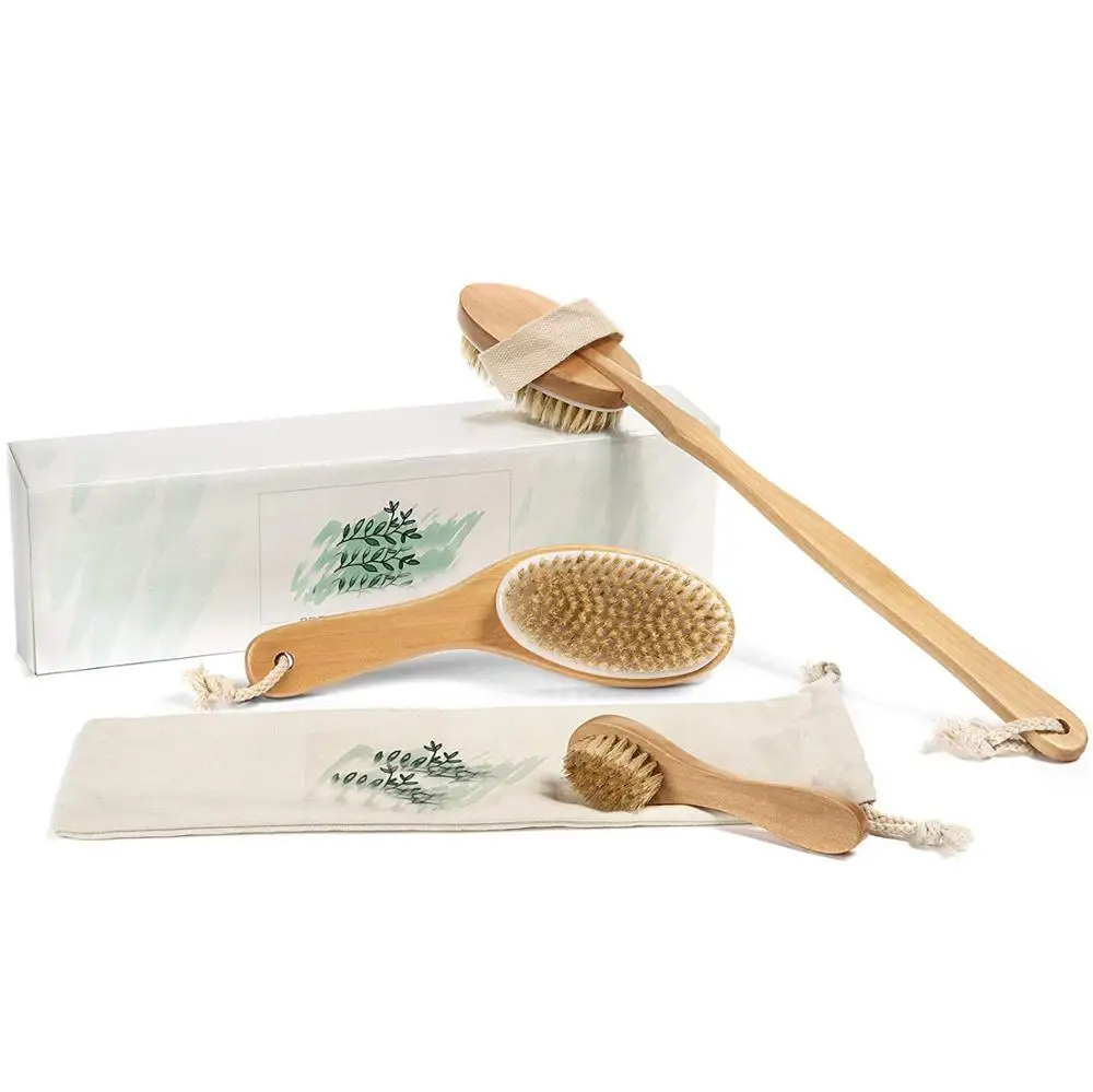 

Premium 3 Piece Dry Brush Set with Travel Bag - Includes Facial Brush and Body Brushes - Exfoliates and Revives Dry Winter Skin
