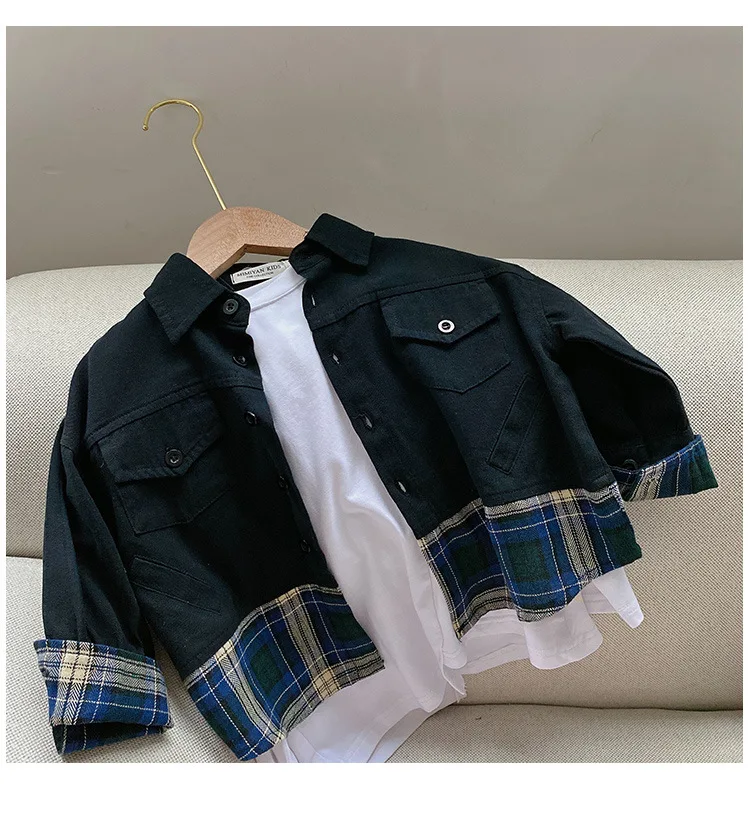 

winter kids clothes BABY little boys T shirts tops patch plaid black casual children's clothes wholesale