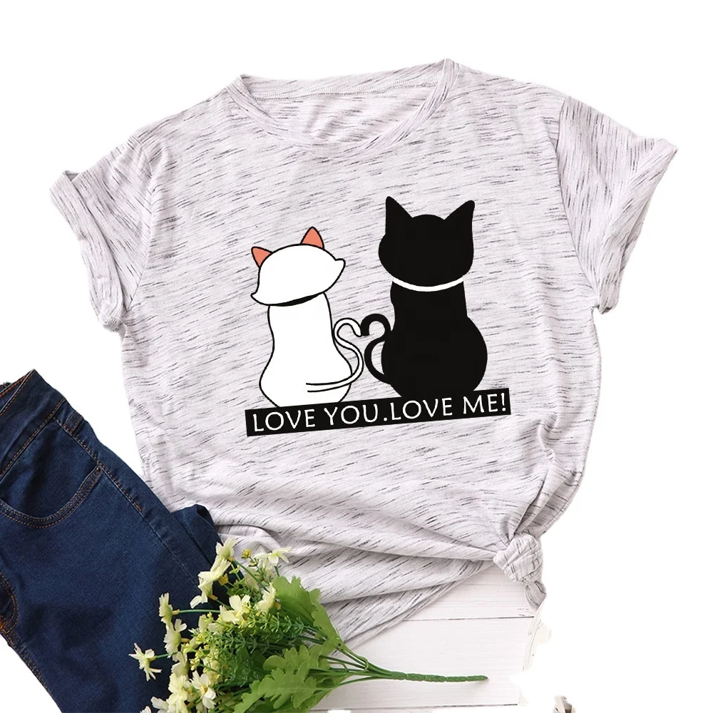 

100% cotton Women's loose print love you love me round neck short sleeve t-shirt women, Customized colors