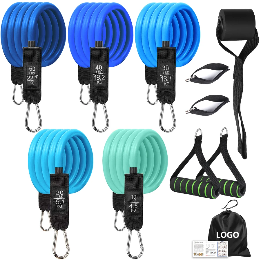 

New color design for resistance tube bands custom logo 11pcs fitness rubber bands gym elastic bands equipment, Blue