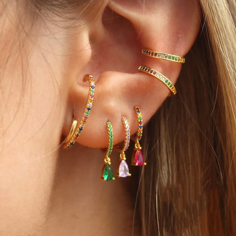 

SP Colorful Zircon Huggie Hoop Earrings Crystal Rhinestone Teardrop CZ Earrings