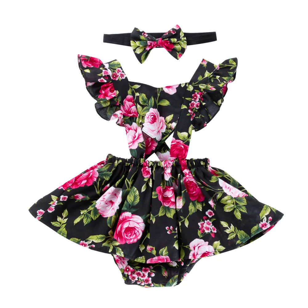 

Baby Children's Rose Dress Sleeveless Suspender Fluffy Skirt Two Piece Set 2022 Summer Girls Cotton Short Sleeve Romper 0-2Years