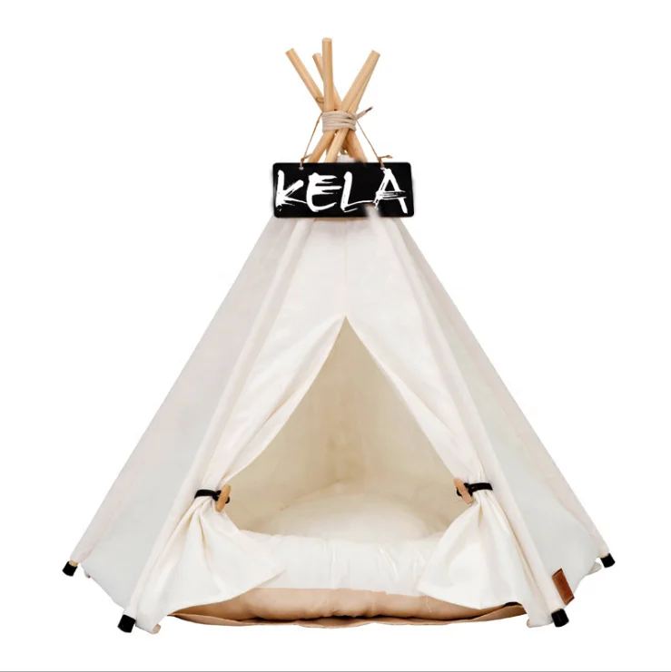 

Hot Sale Pets Supplies Foldable Pine Poles Soft Warm Comfortable Pet Teepee Dog Tent With High Quality Cushion, Picture